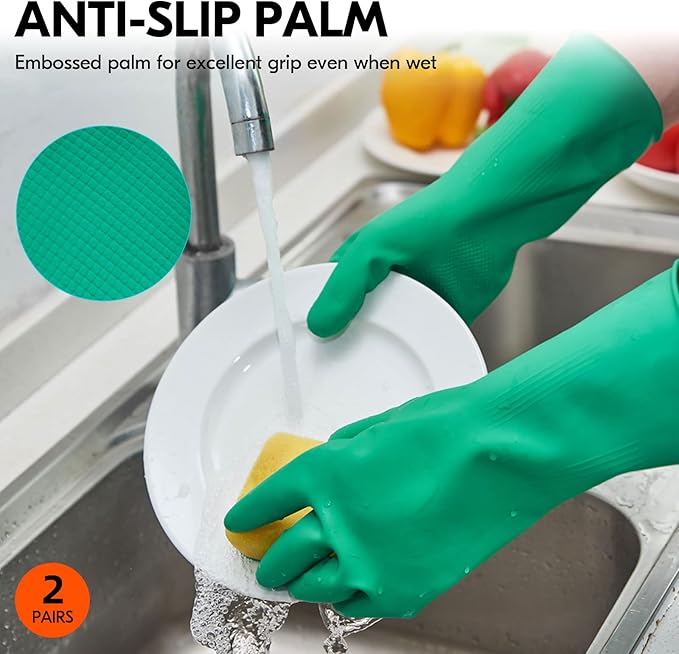 Vgo... 2-Pairs Reusable Household Gloves, Rubber Dishwashing gloves, Extra Thickness, Long Sleeves, Kitchen Cleaning, Working, Painting, Gardening, Pet Care (Size S, Green, HH4601)