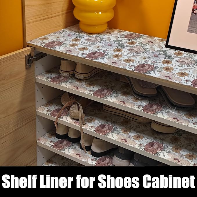 Floral Drawer Shelf Liners, Non Adhesive and Strong Non-Slip Cabinet Drawer Shelf Liners for Kitchen Wire Fridge, Waterproof Shelf Liner,Easy to Clean,12IN x 10FT