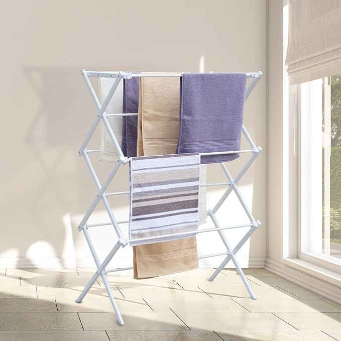 3 Tiers Foldable Clothes Drying Rack, Vertical Laundry Rack Portable and Collapsible for Storage Indoor Outdoor, White