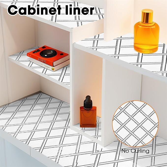 Drawer and Shelf Liner for Kitchen Cabinets Non-Adhesive Cabinet Liners for Shelves Strong Grip Non Slip Waterproof Cupboard Liner for Dresser Refrigerator, Bathroom,Geometric,17.5IN X 10FT