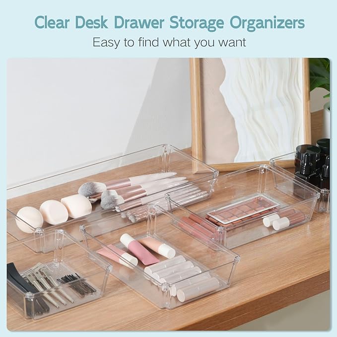6 Pack Large Clear Plastic Drawer Organizer Trays, Desk Drawer Organizers and Storage Dividers, Non-Slip Storage Bins for Jewelry, Snacks, Office, Bathroom, Bedroom and Kitchen