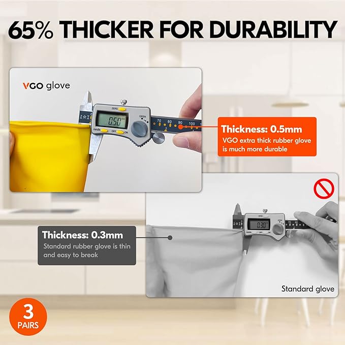 Vgo... 3-Pairs Reusable Household Gloves, Rubber Dishwashing gloves, Extra Thickness, Long Sleeves, Kitchen Cleaning, Working, Painting, Gardening, Pet Care (Size XL, Yellow, HH4601)