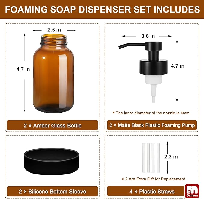 GMISUN Amber Foam Soap Dispenser, 8.5 Fl oz Amber Glass Foaming Hand Soap Dispenser for Bathroom & Kitchen, 2 Pcs Modern Refillable Foaming Soap Dispensers, Foam Pump Bottle with Label & Silicone Boot