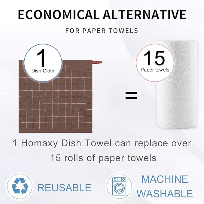 Homaxy 100% Cotton Terry Kitchen Towels(Brown, 13 x 28 inches), Checkered Designed, Soft and Super Absorbent Dish Towels, 4 Pack