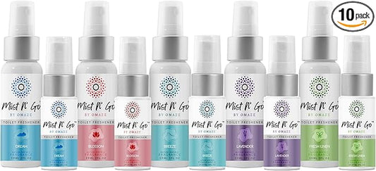 Mist N’ Go by Omaze Travel Bathroom Spray for Toilet Spray Odor Eliminator - Travel Toilet Spray for Bathroom Air Freshener Spray for Bathroom Deodorizer - Mix All, Family Pack (2oz x5 + 1oz x5)