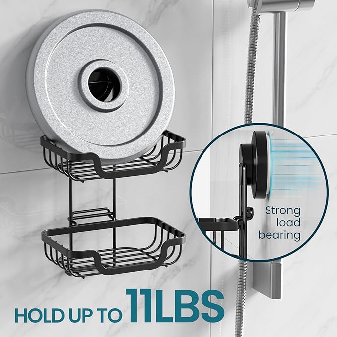 TAILI Double Layer Soap Dish Holder, Bar Soap Tray Suction Cup for Shower Wall, Draining for Bathroom, Rustproof Stainless Steel Sponge Holder for Tub, Kitchen, Drill-Free, Black