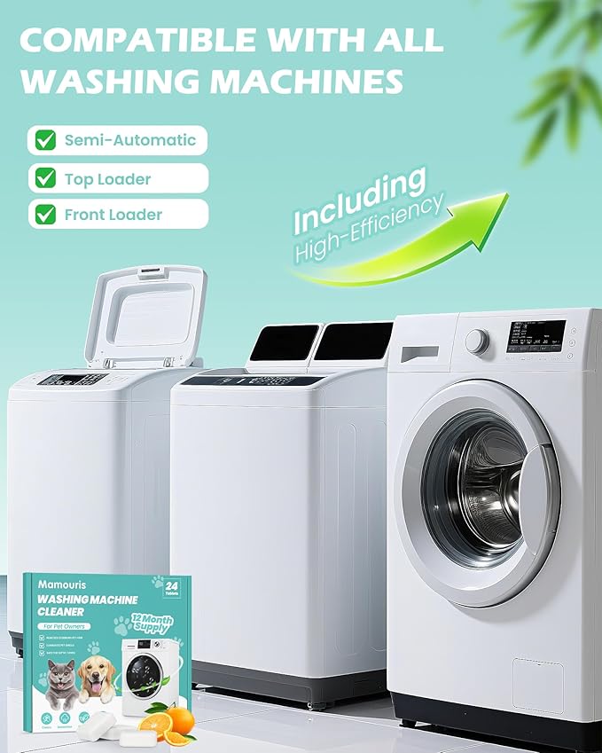Washing Machine Cleaner Tablets: 24 Pack Deep Cleaning For HE, Front Loader & Top Load Washer, Removes Pet Hair, Odors, Designed for Pet Owners, Septic Safe, 12 Month Supply, Orange 11G