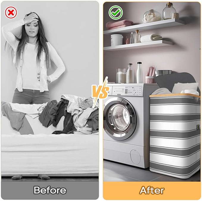 BALEINE Laundry Hamper with Lid, Tall Laundry Baskets with Bamboo Pull Handles, Large Laundry Bin with Internal Support (18 Gal/70L, Grey Stripe)