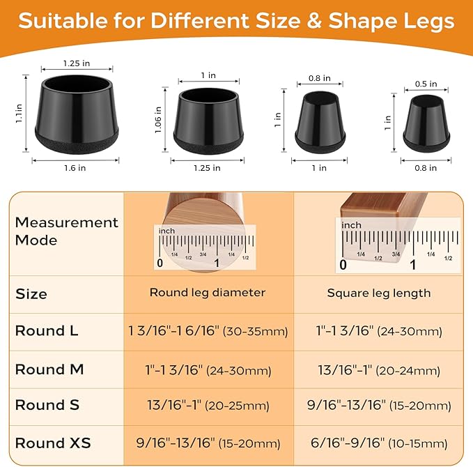 24 PCS Silicone Chair Leg Floor Protectors Small (0.8"-1") Rubber Felt Furniture Pads Chair Legs Caps/Covers for Hardwood Floors, Tile from Scratches & Reduce Noise - Round, Black
