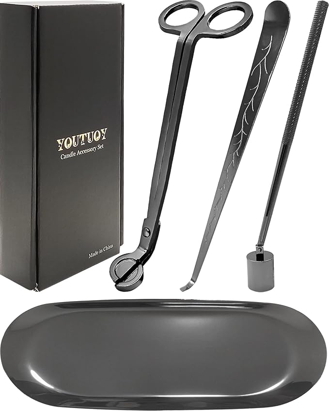 4 in1 Candle Accessory Set with Storage Tray Plate, Candle Wick Trimmer, Candle Wick Snuffer, Candle Wick Dipper, Storage Tray Plate, Great for Scented Candles Lovers (Silver Black)