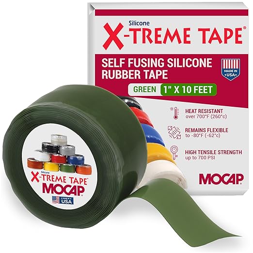 X-Treme Tape MOCAP Heavy Duty Electrical Tape, Self-Fusing Silicone Rubber, Waterproof & Insulating Flexible Tape, Electrical for Hose, Automotive, Outdoor & Repairs - 1" x 10ft Roll - Green