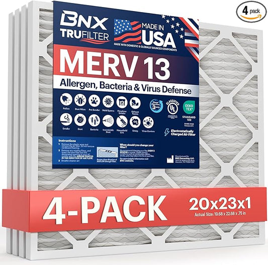 BNX TruFilter 20x23x1 Air Filter MERV 13 (4-Pack) - MADE IN USA - Electrostatic Pleated Air Conditioner HVAC AC Furnace Filters for Allergies, Pollen, Mold, Bacteria, Smoke, Allergen, MPR 1900 FPR 10