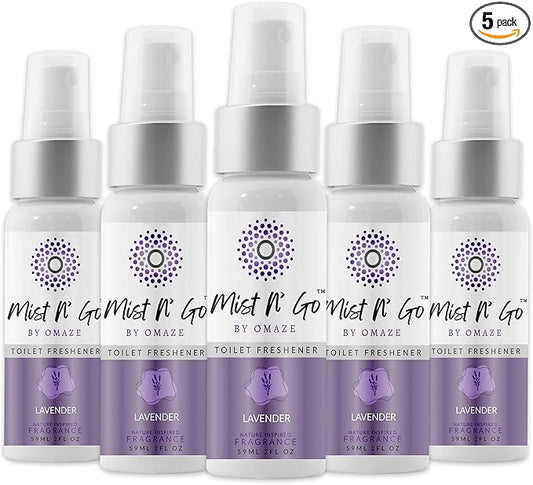 Mist N’ Go by Omaze Travel Bathroom Spray for Toilet Spray Odor Eliminator - Travel Toilet Spray for Bathroom Air Freshener Spray for Bathroom Deodorizer - Lavender Regular Size (2oz x5)