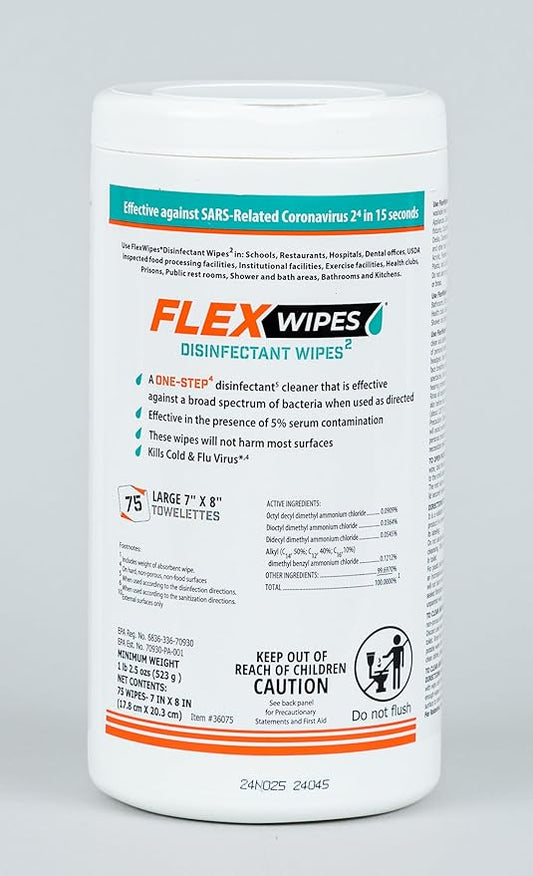 Flex Wipes Disinfectant Wipe 20075, Includes Six (6) 75-count Canisters, 8" x 6" wipes