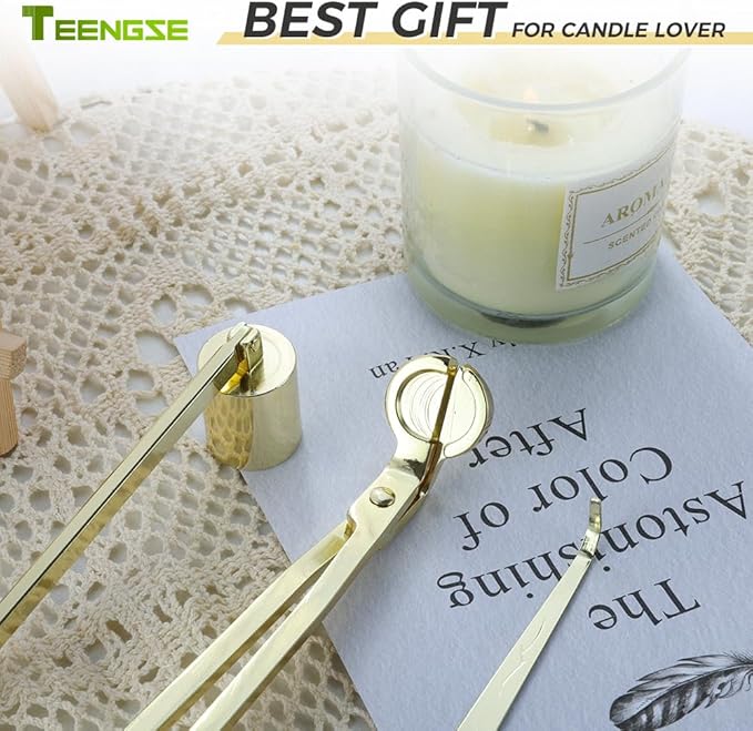 3 in 1 Candle Accessory Set, Candle Wick Trimmer, Candle Wick Snuffer, Candle Wick Dipper, Beautiful Box for Candle Lover (Gold)