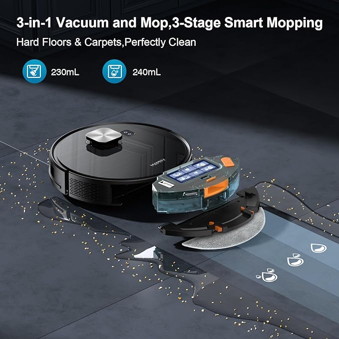 MAMNV Robot Vacuum and Mop, 11500 Pa Suction, 3-in-1 Robotic Vacuum with Smart LiDAR Navigation, 70 Day Self-Emptying,160 Min Runtime,App/Alexa/Voice Control, Ideal for Pet Hair, Carpet & Hard Floor