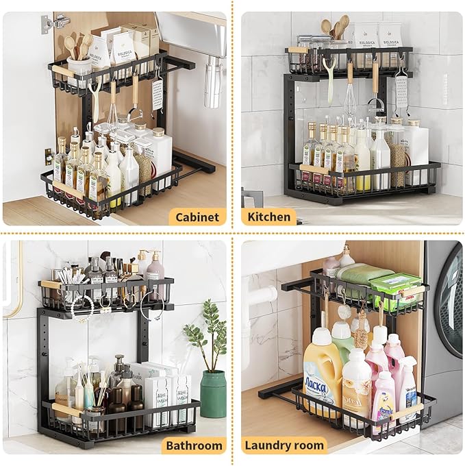 Under Sink Organizer, 2 Tier Under Sink Organizers and Storage, Metal Slide out Pull out Cabinet Organizer,Sliding Drawer Organizer for Kitchen Bathroom Pantry Closet