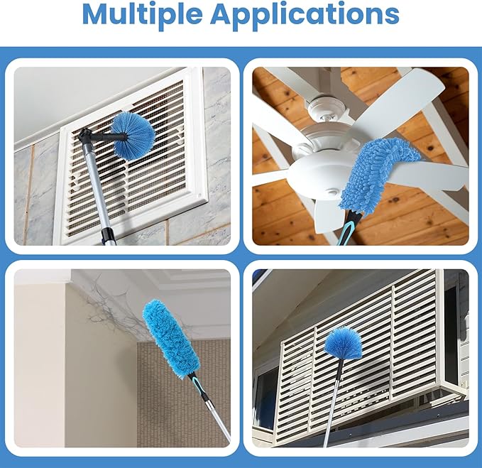 20ft High Ceiling Duster Kits with 5-12ft Heavy Duty Extension Pole - Fan Blade Cleaner, Cobweb Remover & Blue Window Squeegee Kit, Washable Dust Brush for High Roof and Glass Surfaces