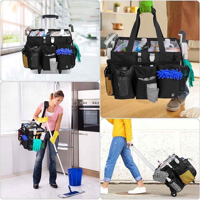 Extra Large Rolling Cleaning Caddy Bag with Detachable, Foldable Trolley Portable Cleaning Cart for Housekeeping Cleaning Caddy with Adjustable Shoulder Strap and Multiple Storage Pockets