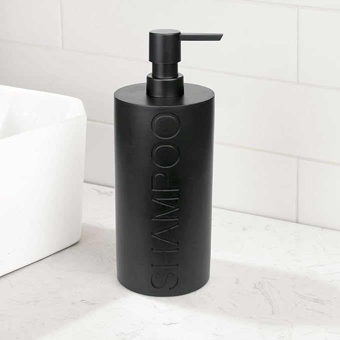 Matte Black Shampoo Dispenser Modern Refillable Pump Bottle with Embossed Text, Durable Resin Construction for Bathroom and Kitchen