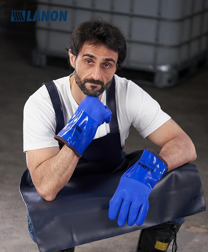 LANON PVC Coated Cold Proof Heavy Duty Gloves, Waterproof Warm Work Gloves for Freezer Work, Chemical & Oil Resistant, Non-Slip, Large