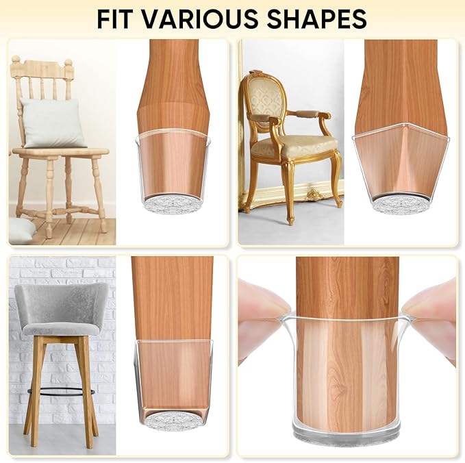 BALEINE 16 Pack Silicone Chair Leg Floor Protectors, Stool Leg Protectors Cap, Non-Slip Chair Leg Caps for Hardwood Floors (Clear Combo 16 Pack)