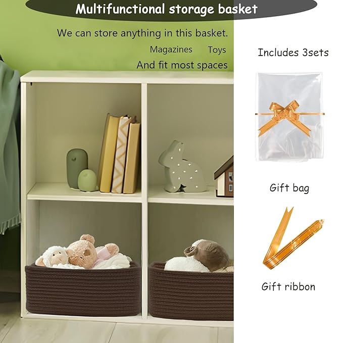 COMFY-HOMI 13" x 8.5" x 5.1" Storage Baskets for Organizing | Cotton Rope Woven Basket | Toy Storage Bin Box | Basket for Shelves, Closet Organizer Bin, Decorative Closet Shelf, 3 Pack, Dark brown