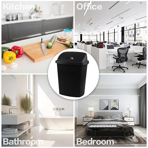 25 Liter Plastic Swing-Top Trash Can, 4-Pack Swing Lid Waste Can, Black