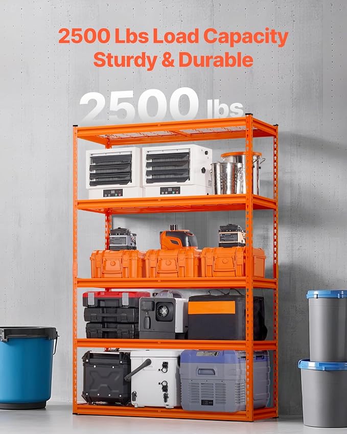 VEVOR Storage Shelves, 2500 lbs, 5 Tier Heavy Duty Garage Shelving, 18" D x 48" W x 72" H Adjustable Metal Shelves for Industrial Shelving Unit Utility Shelf, for Kitchen, Warehouse, Basement, Orange
