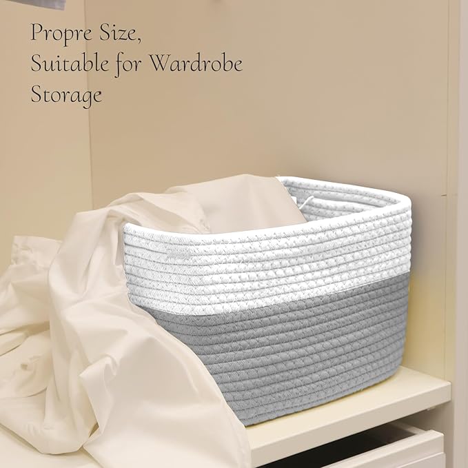 Hopegiver Woven Storage Baskets 11x8x7 Inch, 3 Pack Collapsible Cube Storage Bin for Shelves - Foldable Cotton Rope Organizer Bins for Towels, Toys, Books, Closet, Nursery (White Gray)