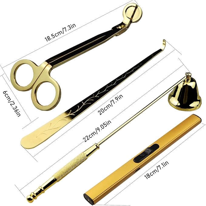 4 in 1 Candle Accessory Set, USB Rechargeable Lighter, Candle Wick Trimmer Cutter, Candle Snuffer & Candle Wick Dipper for Candle Aromatherapy Lover Gift, Stainless Steel Candle Care Kit (Golden)