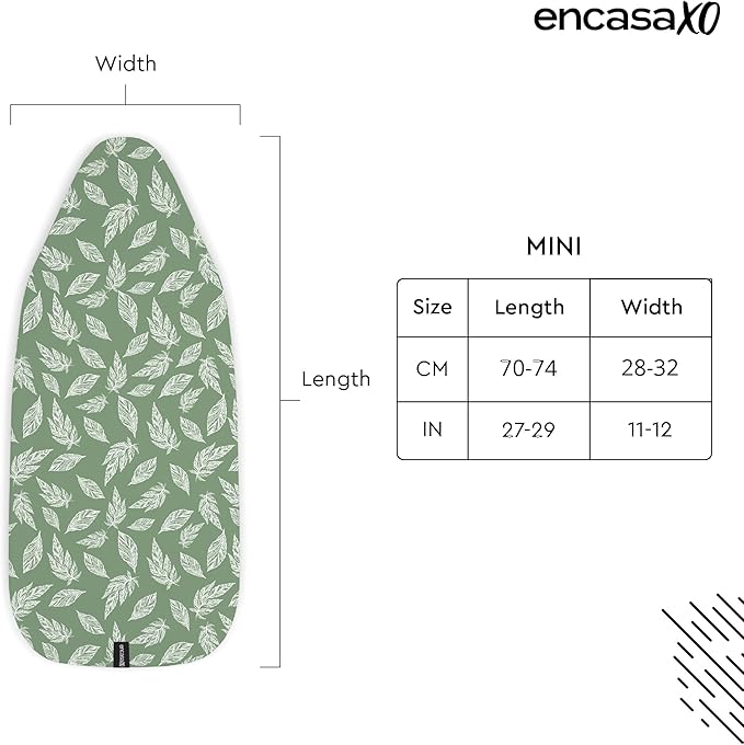 Encasa XO Ironing Board Cover and Pad 28"x12" - Thick 3mm Felt Padding, Drawstring Tightening & Lock, Easy Fit, Scorch & Stain Resistant, Fits Mini Ironing Board - Big Leaves Green