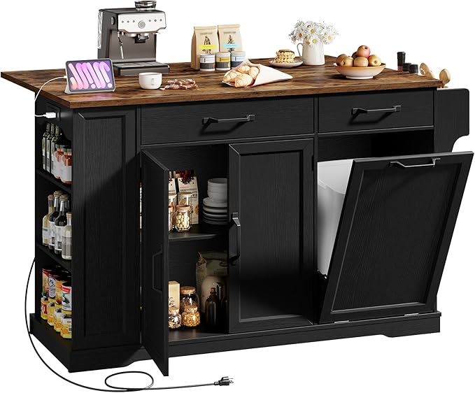 Kitchen Island with Power Outlet & Drop Leaf, Rolling Storage Cart with Trash Storage Cabinet, Farmhouse Mobile Island Table for Kitchen, Dining Room, Hidden Casters, Black and Rustic Brown