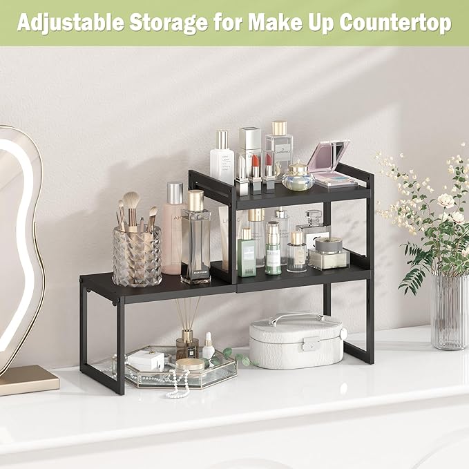 DOLALIKE Expandable kitchen Countertop Organizer, Stackable Cabinet Shelf Organizers, Space Saving Spice Rack Pantry Storage for Bathroom Office Organization (Black, 2 Pack)