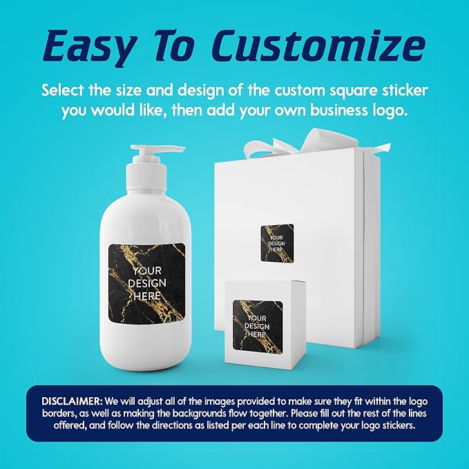 100 Custom Vinyl Stickers - Upload Your own Image, Text, Design, Logo - Personalized Logo Labels for Handmade, Packaging, Bottle, Jars, Candle, Brand Stickers (Black Gold Marble, 1.5x1.5 Square)