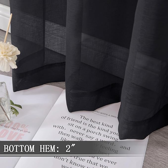 Tollpiz Short Sheer Curtains Living Room Linen Textured Curtain Sheers Light Filtering Voile Rod Pocket Curtains for Bedroom, 38 x 45 inches Long, Black, Set of 2 Panels
