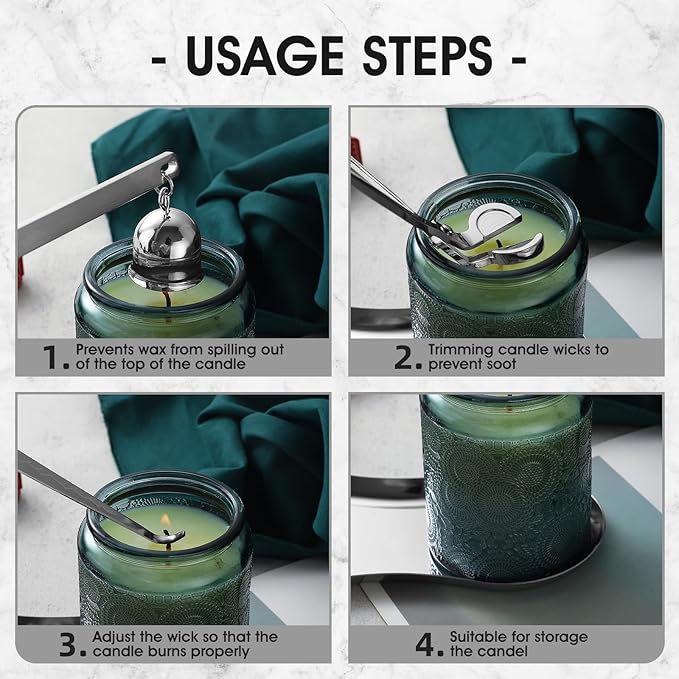 PATOISE 4 in 1 Candle Accessory Set, Candle Wick Trimmer Cutter, Candle Snuffer, Candle Wick Dipper Mini, Tray Holder in Gift Package for Candle Aromatherapy Lovers(4PCS Silver)