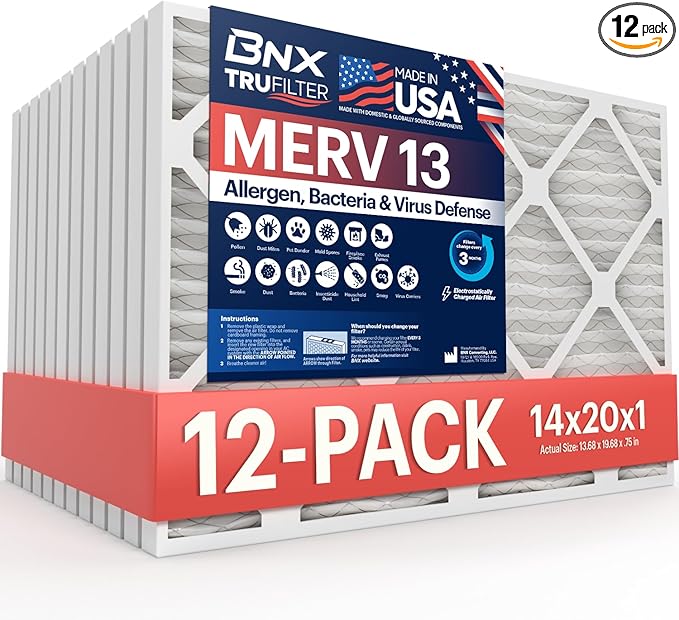 BNX TruFilter 14x20x1 MERV 13 (12-Pack) AC Furnace Air Filter - MADE IN USA - Electrostatic Pleated Air Conditioner HVAC AC Furnace Filters - Removes Pollen, Mold, Bacteria, Smoke
