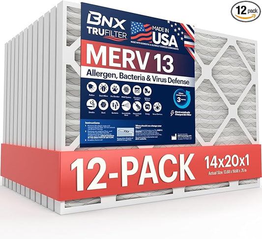 BNX TruFilter 14x20x1 MERV 13 (12-Pack) AC Furnace Air Filter - MADE IN USA - Electrostatic Pleated Air Conditioner HVAC AC Furnace Filters - Removes Pollen, Mold, Bacteria, Smoke