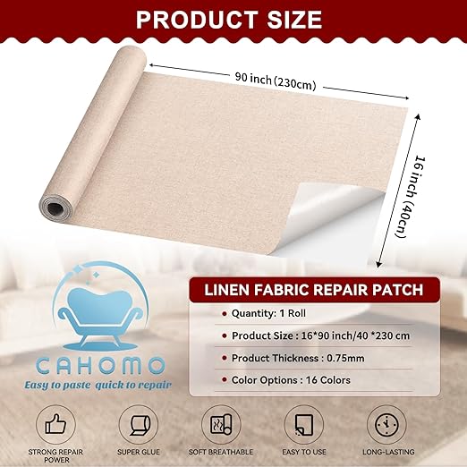 Linen Repair Tape 16x90 inch, Self Adhesive Fabric Patches, Linen Patch Tape Kit, Fabric Repair Tape for Couch Sofas, Headboards, Chairs, Pillows, Curtains, Couches - Dark Beige