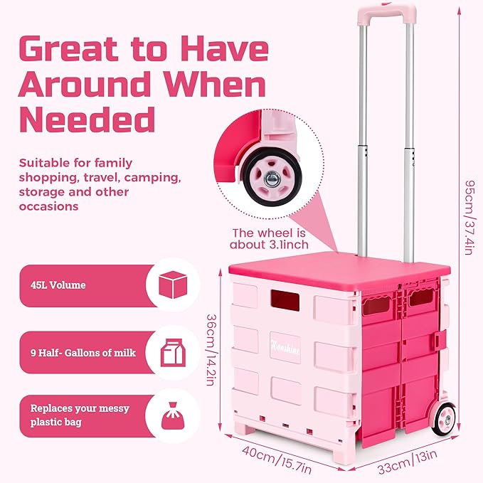 Foldable Rolling Cart on Noiseless Wheels: Portable Utility Cart for Grocery Books File Office (Pink)