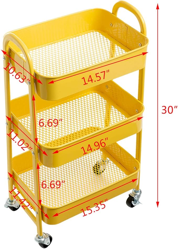 AGTEK Makeup Cart, Movable Rolling Organizer Cart, 3 Tier Metal Utility Cart, Yellow