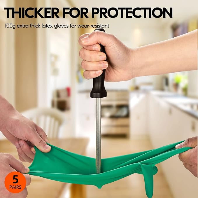Vgo... 5-Pairs Reusable Household Gloves, Rubber Dishwashing gloves, Extra Thickness, Long Sleeves, Kitchen Cleaning, Working, Painting, Gardening, Pet Care (Size XL, Green, HH4601)