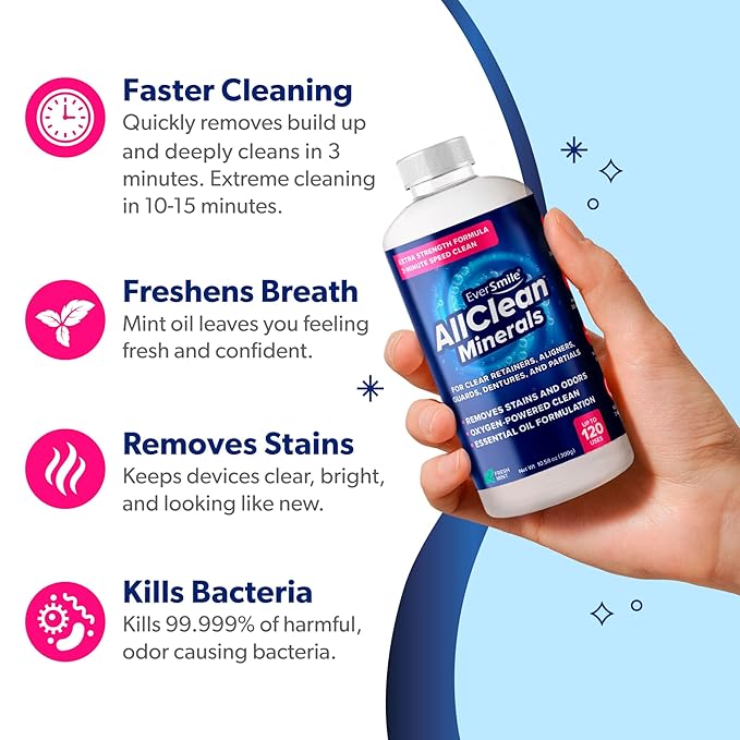 EverSmile AllClean Minerals – Deep Cleaner for Retainers, Clear Aligners, Invisalign, Dentures, Night & Mouth Guards – Removes Stains, Odors & Plaque in 3-Minutes – Up to 120 Uses (300g), 1 Pack