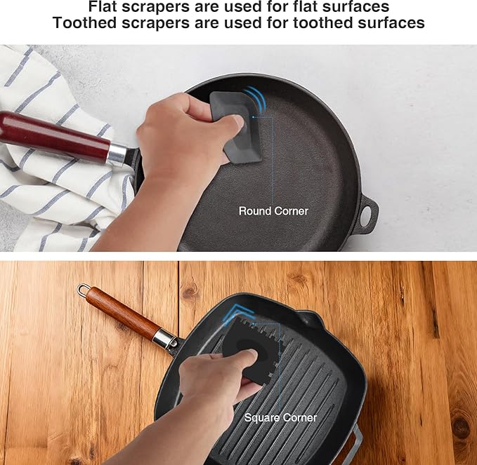 Cast Iron Scrubber and Scraper,Chain Mail Cleaner with Bamboo Handle & Draining Tray,316 Stainless Steel Brush for Cleaning Pots,Pans,Wok,Bakeware,Griddles, Grills(Small&Large ChainMail,2pcs)