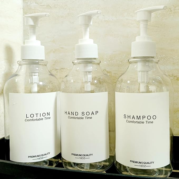 3 Pack of Shampoo and Conditioner Bottles - Apothecary Dispenser Bottle for Bathroom and Kitchen, Refillable Shampoo Bottles for Shampoo Lotion Oil Shower Soap Hand Soap and Dish Soap (Clear)