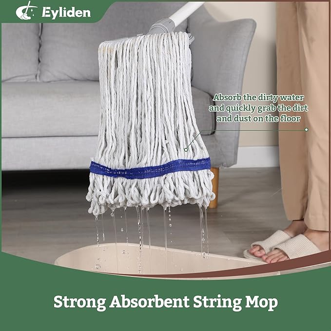 Eyliden String Mops for Floor Cleaning, Heavy Duty Looped-End Commercial Mops with Extra Mop Head Replacement, Universal Industrial Cotton String Mop for All Surfaces, Kitchen Bathroom Home