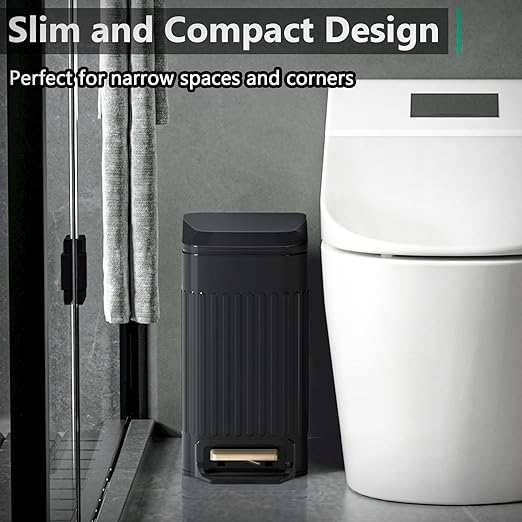 CEROELDA Small Bathroom Trash Can with Lid Soft Close-5L/1.3 Gal Slim Garbage Can-Metal Step Wastebasket-Rectangle Narrow Waste Bin for Office, Bedroom, Toilet, Live Room (Embossed-Black)