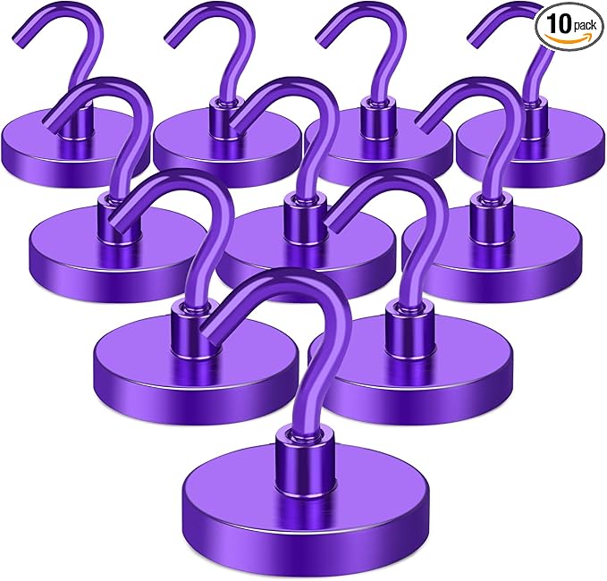 MIKEDE Magnetic Hooks,150LB Heavy Duty Magnets with Hook for Fridge, Strong Magnet Neodymium Industrial Hooks Hanging, Hanger Toolbox, Cruise(Purple, 10 Pack)