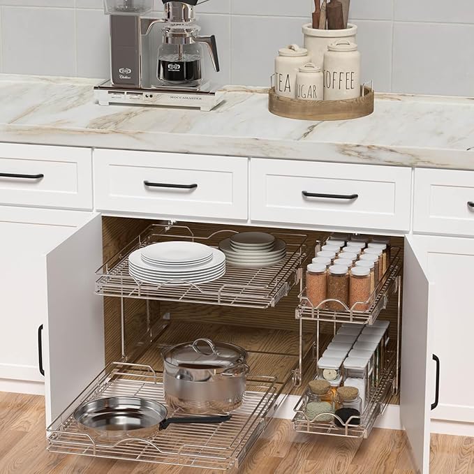 OCG 2 Tier Pull Out Cabinet Organizer (12.5" W x 18" D), Pull Out Drawers for Kitchen Cabinets, Pull Out Shelves for Base Cabinet Organization in Kitchen Bathroom Pantry, Chrome Finish